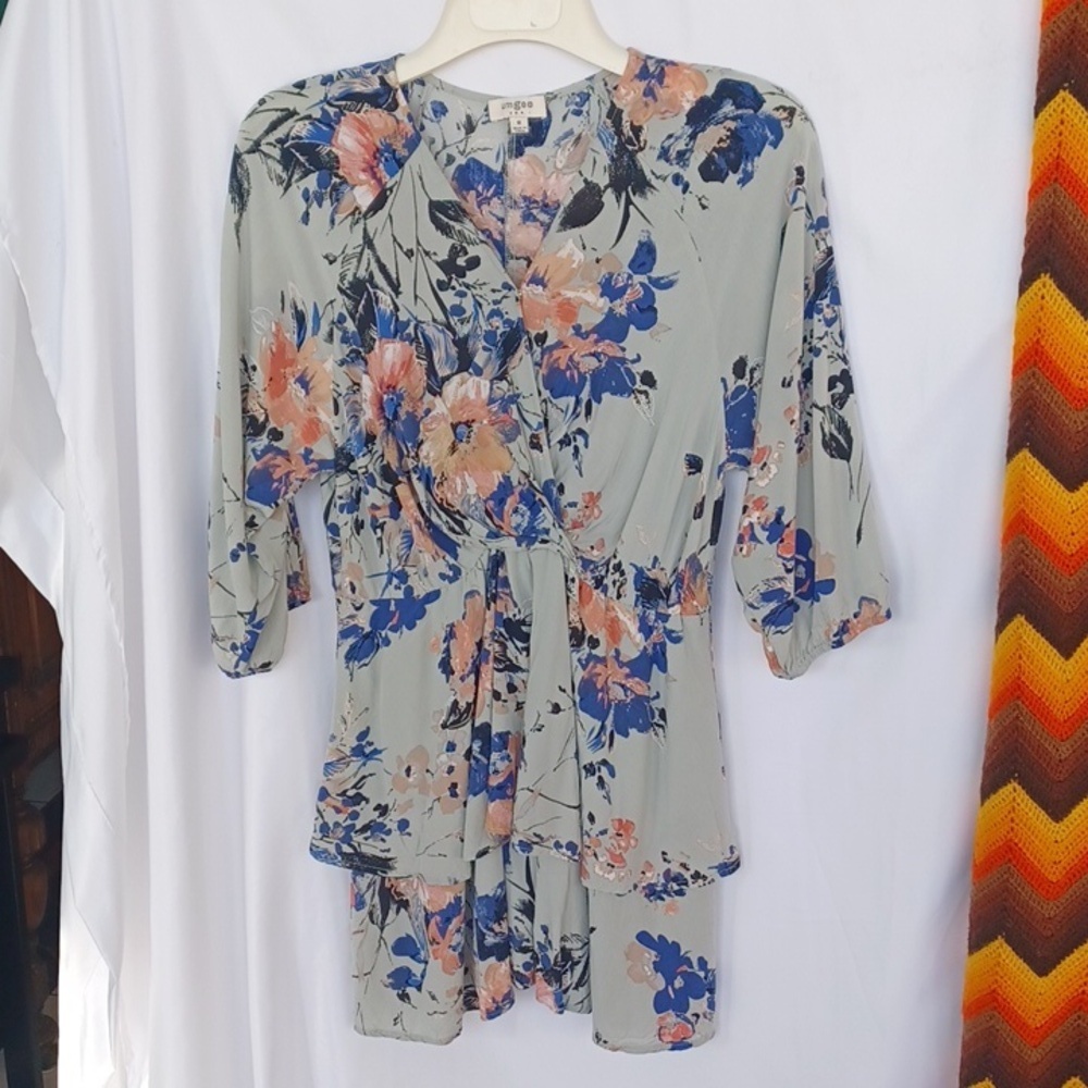Umgee Mint Green & Blue Floral Tiered Boho Dress, Sz M, 19" PTP, 33"L